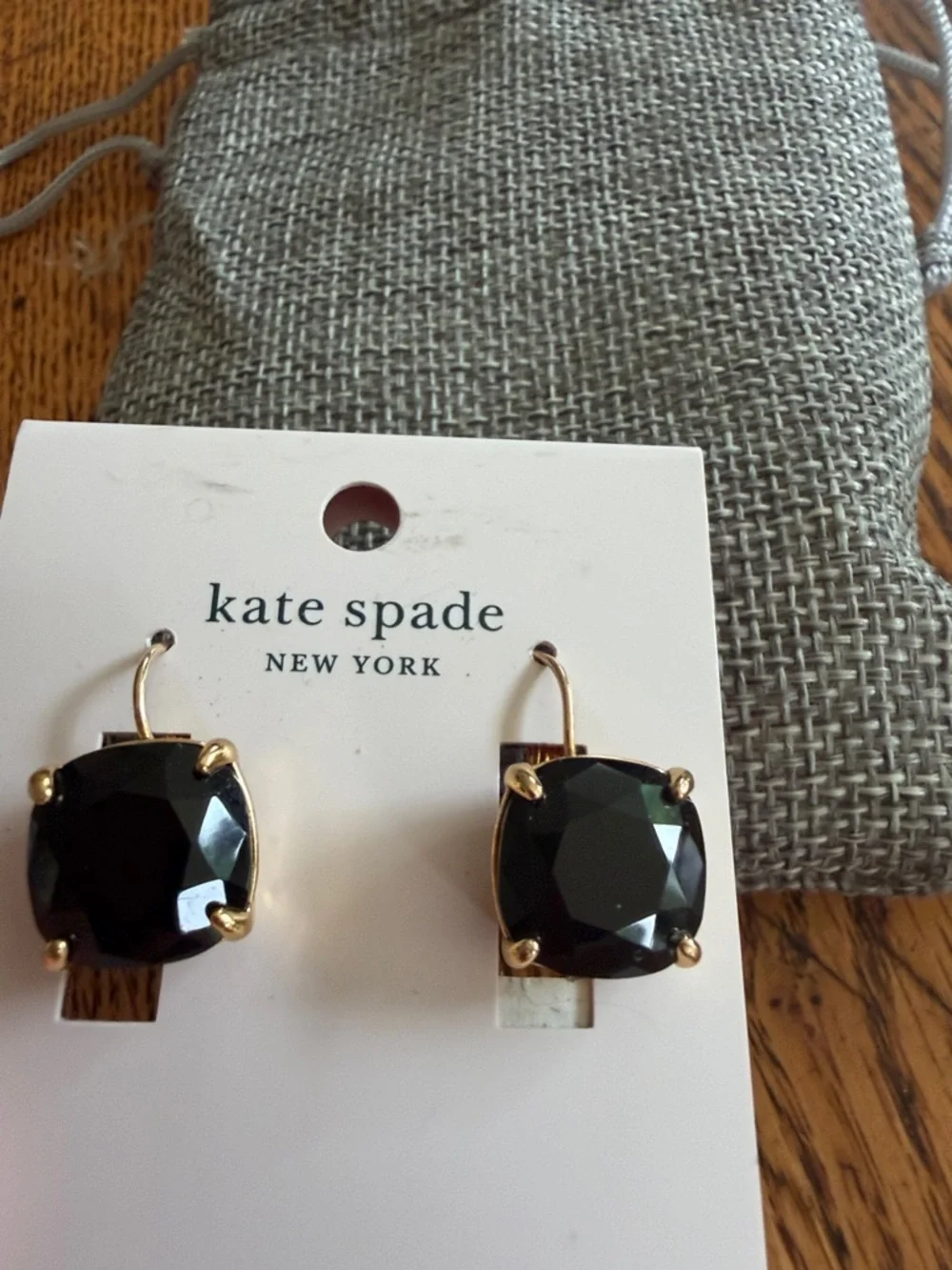 NWT KATE SPADE NY GOLD TONE CUSHION CUT LEVER BACK CZ DROP EARRINGS IN JET